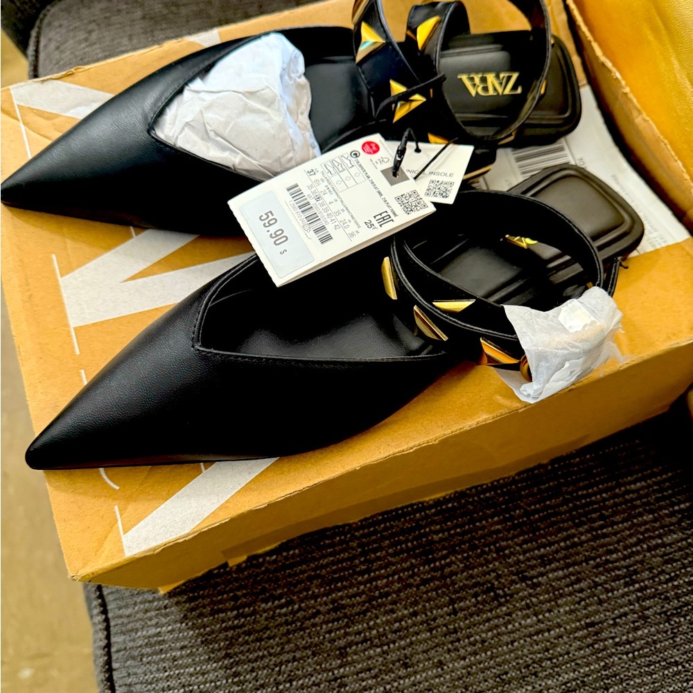 Zara Black Pointed Toe Flats with Gold Accents